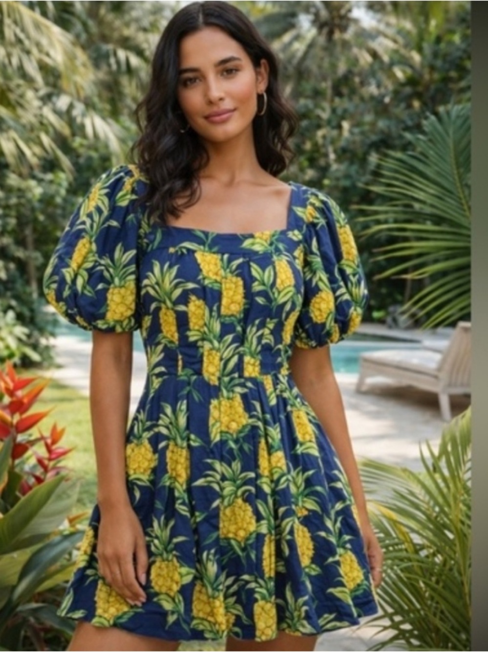 Farm Rio Pineapple Print Linen Blend Dress In Navy Small NWOT
